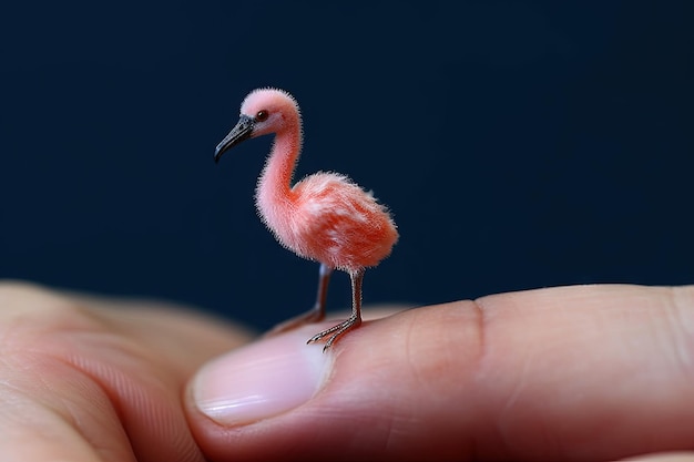 Pink Flamingo diminuto animal más pequeño del mundo de pie en la mano humana ilustración generativa ai