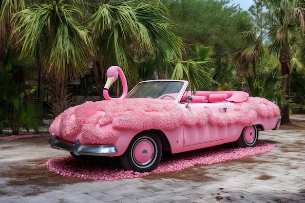 Pink flamingo Luxury futurista convertible sport car ilustración generativa ai