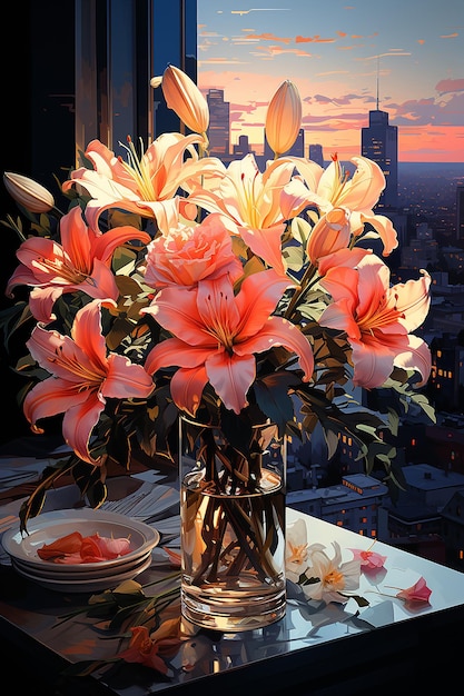 pink_lilies_arranged_in_a_vase_in_modern_apartment_in_ne
