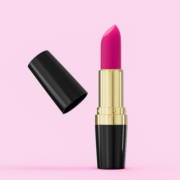 Pink Lipstick Open Black Tube 3D-Darstellung Nahaufnahme verschiedener Lippenstifte auf weißem Hintergrund