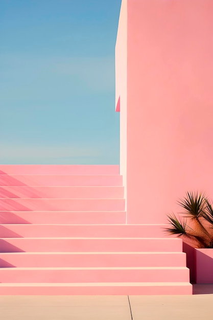 Pink minimalistische Treppen eines Hightech-Gebäudes, das von KI generiert wurde