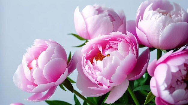 Pink Peonies Banner auf der rechten Seite Banner grauer fester Hintergrund Platz für Text Kopie Platz schließen u