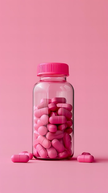 Pink Pills in Flasche auf lebhaftem Hintergrund Gesundheitskonzept