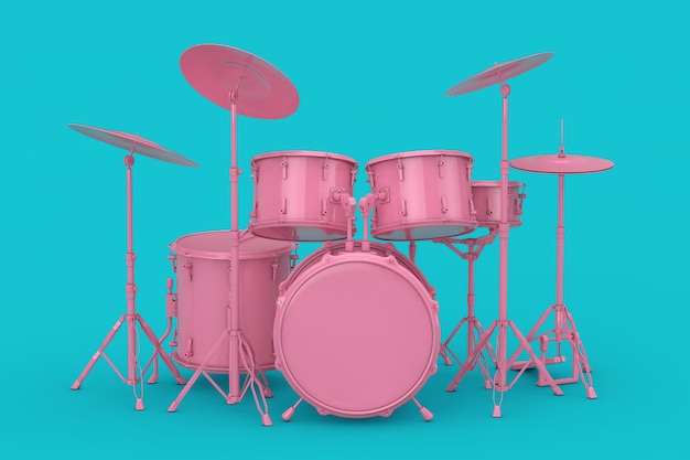 Pink professional rock black drum kit mock up sobre um fundo azul. renderização 3d