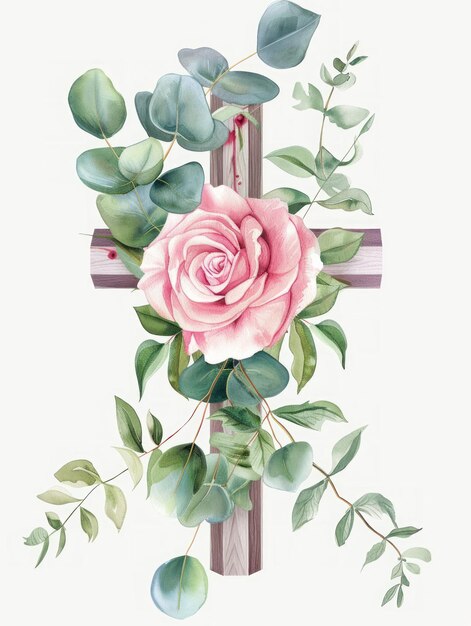 Foto pink rose und eukalyptusblätter schmücken das osterkreuz generative ki