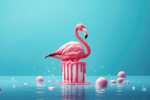 Pink Stick Eis schmilzt mit Flamingo Float auf pastellblauem Hintergrund AI generiert