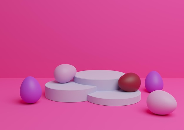 Pinke 3D-Darstellung von österlich gestalteten Produktdisplay-Podiumsständer-Zusammensetzungen mit bunten Eiern minimal