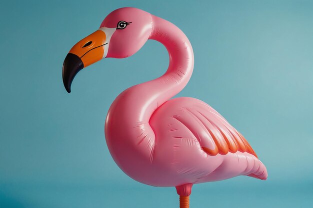 Pinker aufblasbarer Flamingo auf blauem Hintergrund Minimal Stillleben