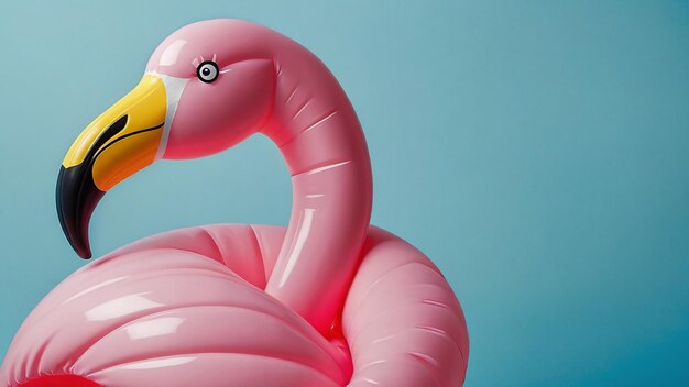 Pinker aufblasbarer Flamingo auf blauem Hintergrund Minimales Sommerkonzept