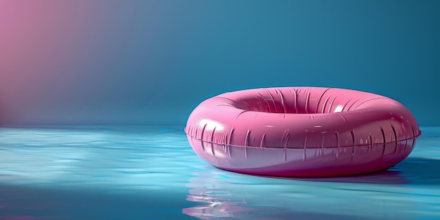 Pinker aufblasbarer Ring, der auf blauem Hintergrund im Wasser schwimmt