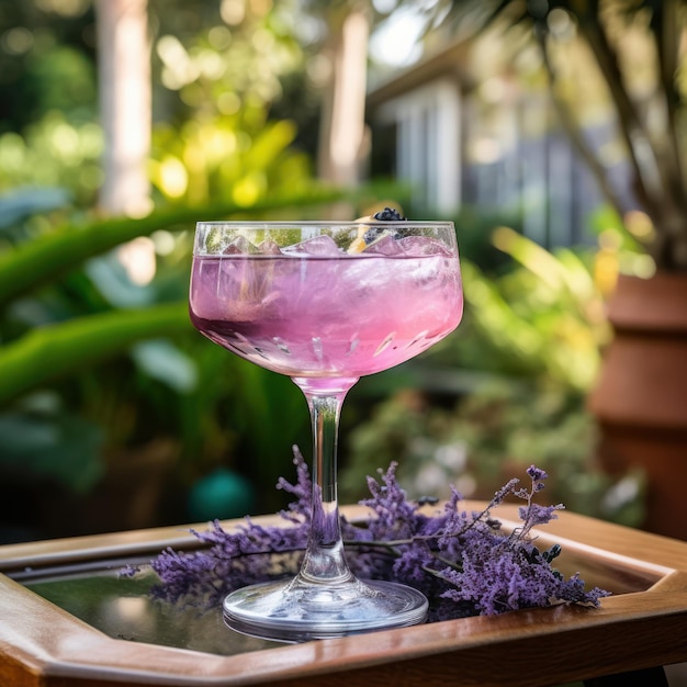 Pinker Cocktail in einem Glas auf einem Holztisch in einem Café