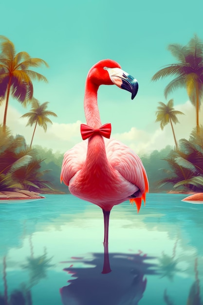 Pinker Flamingo mit roter Fliege steht in einem Gewässer.