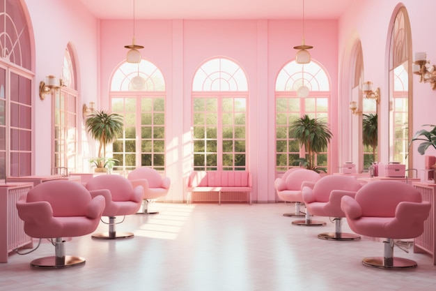 Pinker gemütlicher Schönheitssalon mit Reihenstühlen und Spiegelpanoramafenster