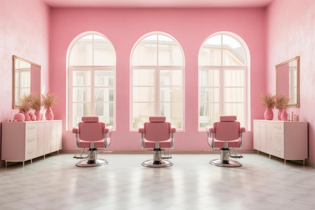Pinker gemütlicher Schönheitssalon mit Reihenstühlen und Spiegelpanoramafenster