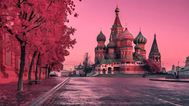 Pinker Herbstmorgen auf dem Roten Platz und der St. Basil-Kathedrale