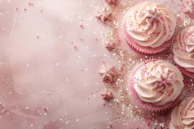 Foto pinker hintergrund mit eleganten glitzernden cupcakes kopierraum frauentag es ist ein mädchen hintergrund mit leerem raum babyshower oder geburtstag einladung party babys geburt ankündigung generative ki