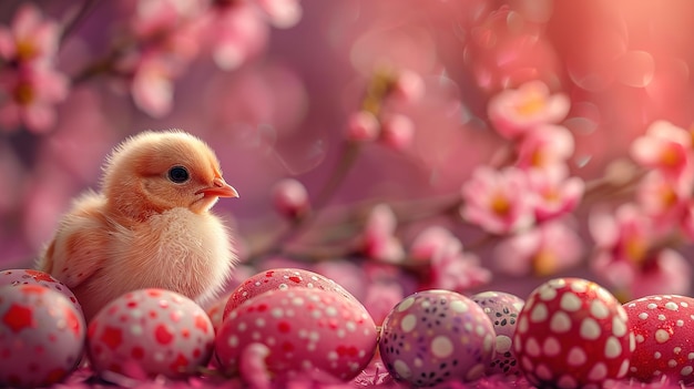 Pinker Oster-Hintergrund Sammlung von Eiern mit Blumenmustern mit Huhn