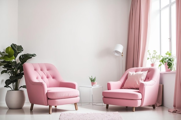 Pinker Sessel im weißen Wohnzimmer mit Kopierplatz