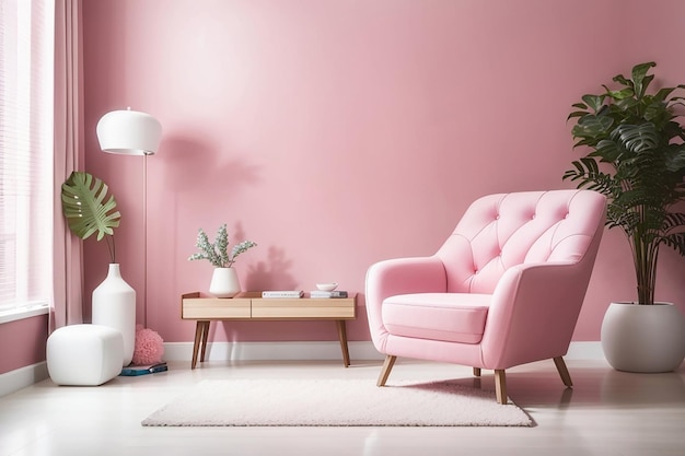 Pinker Sessel im weißen Wohnzimmer mit Kopierplatz