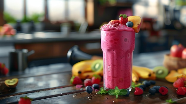 Pinker Smoothie mit Beeren und Kiwis auf einem Holztisch