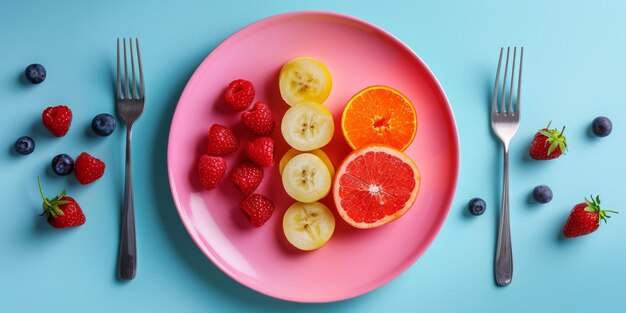 Pinker Teller mit geschnittenem Obst und Gabel gesundes Lebensmittelkonzept Flatlay Generative KI