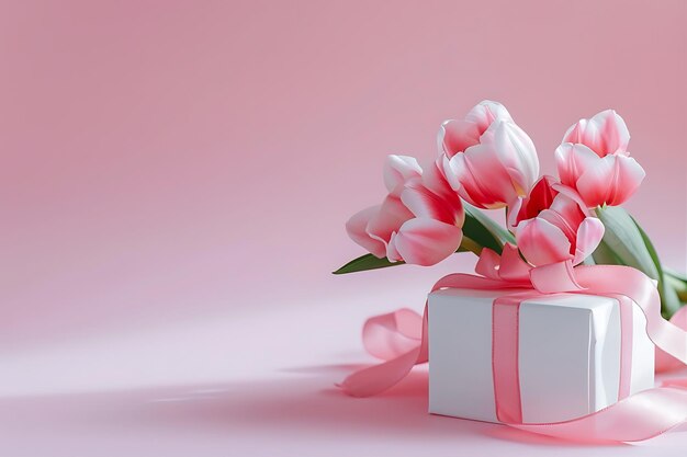 Pinker Tisch geschmückt mit weiß-rosa Geschenken und Tulpen