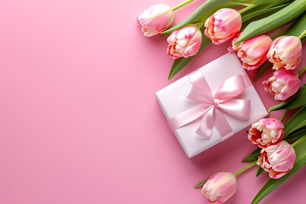 Pinker Tisch mit weiß-rosa Geschenken und Tulpen