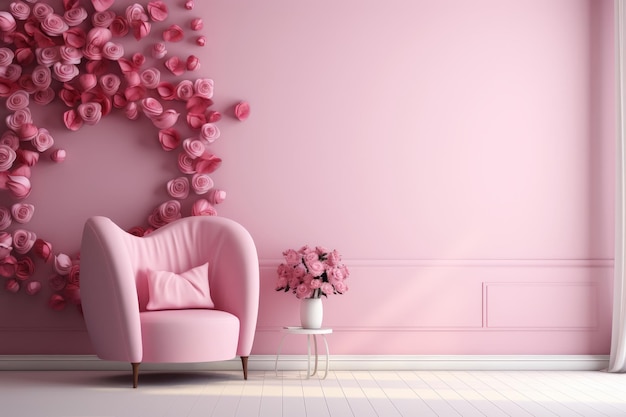 Pinker Valentinstag-Interieur mit Herzdekorationen und Sessel