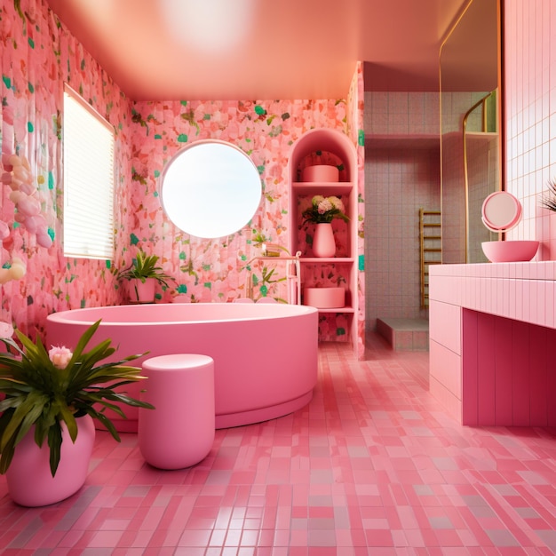 Pinkes Badezimmer mit buntem Thema ai generiert