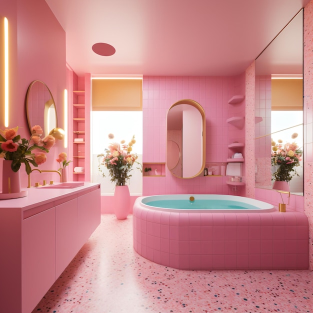 Pinkes Badezimmer mit buntem Thema ai generiert