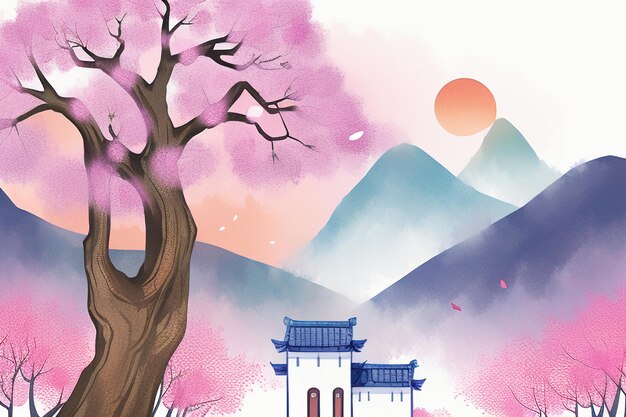 Foto pinkes baumhaus, berg, sonnenuntergang, chinesische aquarelle, abstrakte kunst, tapeten, hintergrundillustration