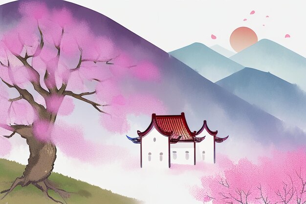 Foto pinkes baumhaus, berg, sonnenuntergang, chinesische aquarelle, abstrakte kunst, tapeten, hintergrundillustration