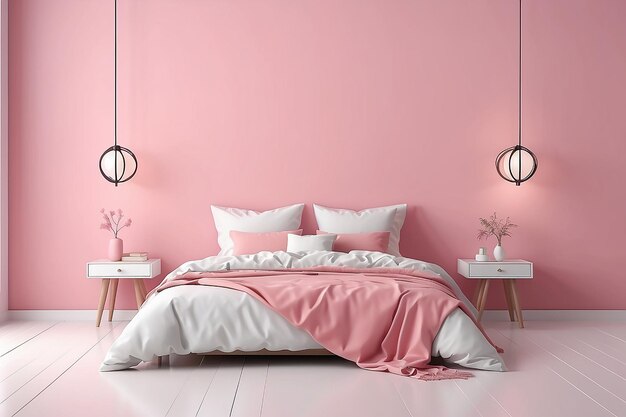 Foto pinkes bett und zimmerzubehör leichter hintergrund mit kopierraum 3d-rendering minimal