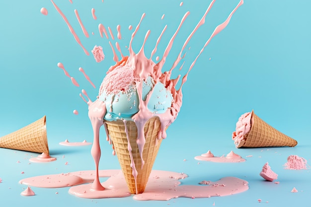 Pinkes Eis, das aus dem Waffelkegel schmilzt und verschüttet wird Illustration AI Generative