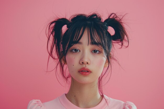 Pinkes Hintergrundporträt einer jungen asiatischen Frau mit Schwanz