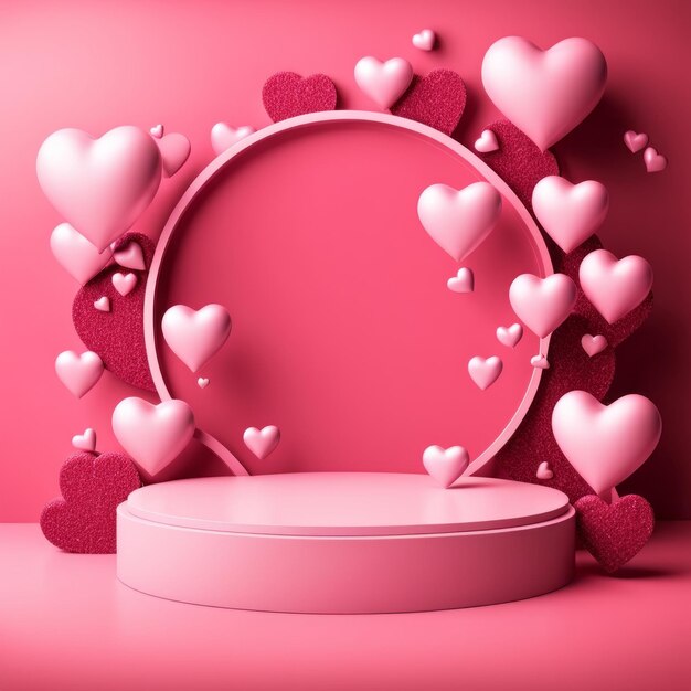 Pinkes Podium mit in der Luft fliegenden Herzen Valentinstag Hochzeitstag Podium