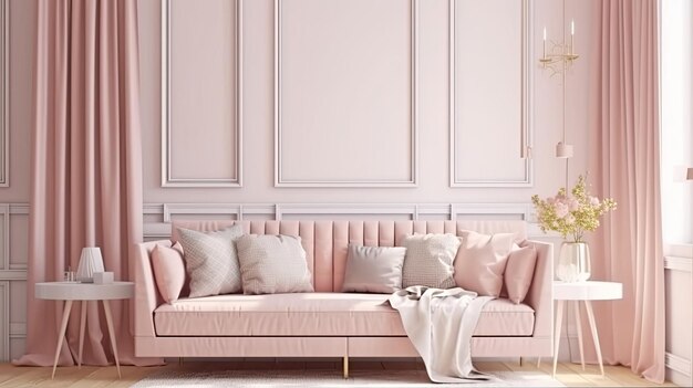 Pinkes Sofa mit einem rosa Sofa und einer gelben Blume