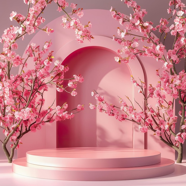 Pinkfarbene Produktausstellung mit Frühlingskirschblüten