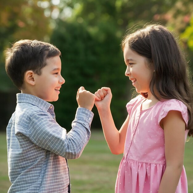 Foto pinky promete una chica linda y hermosa haciendo un juramento con su hermano pequeño