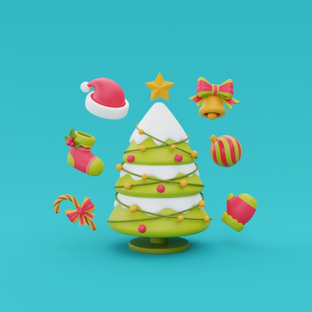 Pino con adorno de navidad y pan de jengibre Feliz Navidad y Feliz Año Nuevo 3d renderizado