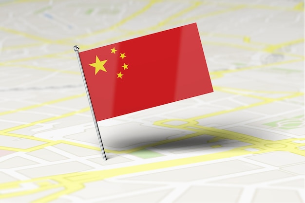 Pino de localização da bandeira nacional da China preso em um mapa rodoviário da cidade 3D Rendering