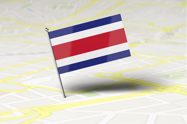 Pino de localização da bandeira nacional da Costa Rica preso em um mapa rodoviário da cidade 3D Rendering
