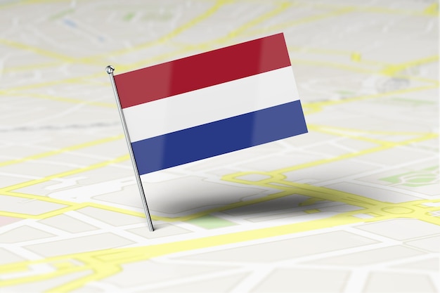 Foto pino de localização da bandeira nacional da holanda preso em um mapa de estradas da cidade 3d rendering