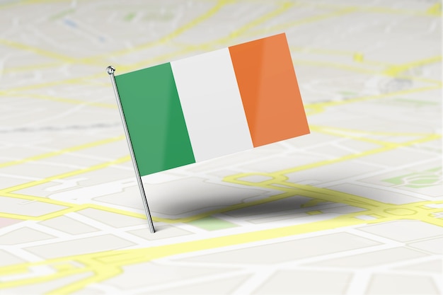 Pino de localização da bandeira nacional da Irlanda preso em um mapa rodoviário da cidade 3D Rendering