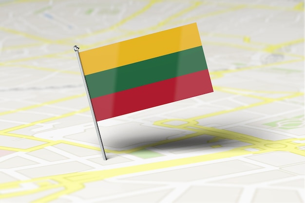 Pino de localização da bandeira nacional da Lituânia preso em um mapa rodoviário da cidade 3D Rendering