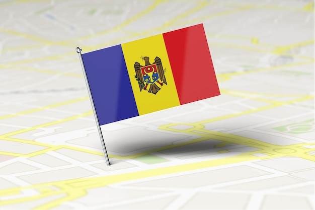 Pino de localização da bandeira nacional da Moldávia preso em um mapa rodoviário da cidade 3D Rendering