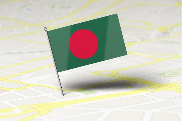 Pino de localização da bandeira nacional de Bangladesh preso em um mapa rodoviário da cidade 3D Rendering