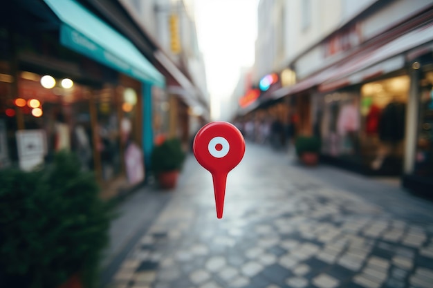 Foto pino de localização gigante no meio da rua comercial com lojas pino gps vermelho na rua ai