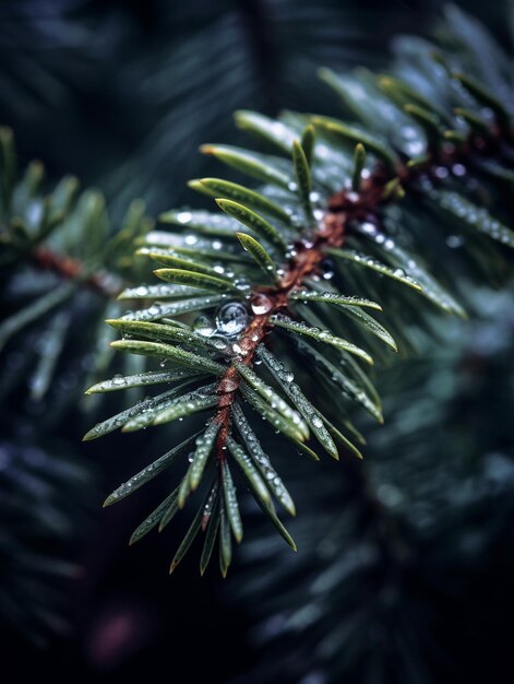 un pino con gotas de agua en él y un árbol verde en el fondo