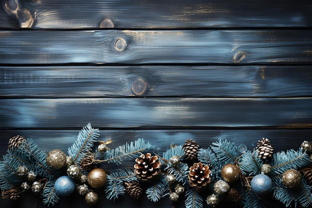 Pino navideño y decoración de hojas de pino en un piso de madera azul vintage Ilustración generativa de IA